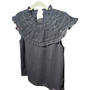 Ann Taylor Black Sleeveless Lace Yoke Blouse With Ruffle Details Size S